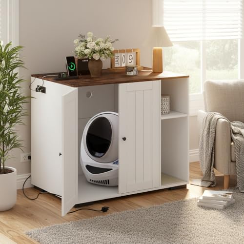 CuisinSmart Large Cat Litter Box Enclosure, Dog-Proof Cabinet with Charging Station for LitterRobot 3/4/5, Hidden Cat Robot Furniture with Storage Shelf White