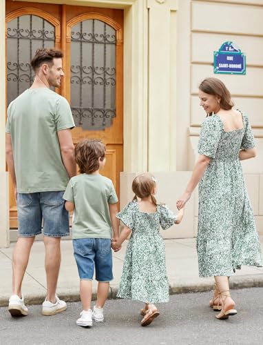 Image of PATPAT Family Matching Outfits Mommy and Me Dresses Floral Dress & T-Shirts | Mommy and Me Easter Dresses, Puff Sleeve Floral Sundress, Cotton Blend T-shirts, Couples Party Wedding Vacation Outfits