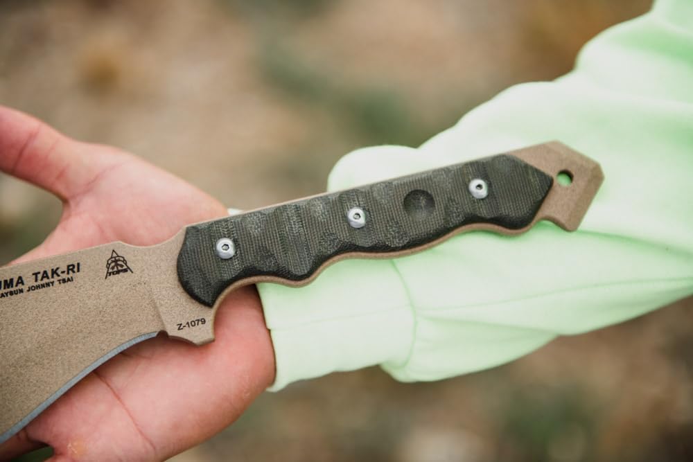 Tops Knives CUMA Taki 3.5 Full Tang Fixed Blade-Coyote Tan Coating Blade Finish- Black Ballistic Nylon Sheath (Green Canvas Micarta Handle)