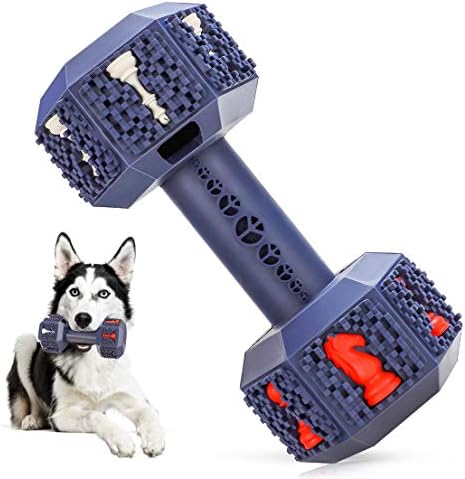 NEOROD Durable Dog Chew Toys for Aggressive Chewer. Indestructible Interactive Dental Toys for Training and Cleaning Teeth. Natural Rubber Bacon Flavored Dumbbell Dispensing Toy for Large Medium Dogs