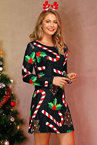 For G And Pl Christmas Women Printed Gift Swing Party Long Sleeve Tunic Mini Dress Candy 2Xl #TOP4