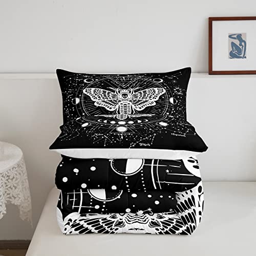 Kids Boho Moth Comforter Set Queen Boys Gothic Skull Bedding Set For Men Women Bedroom Decor Bohemian Moon Starry Sky Comforter Exotic Moth Skull Skeleton Bones Duvet Set Teens Quilt Set, Black White #TOP4