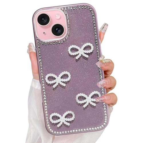 Image of DIZORO Compatible for iPhone 13 / iPhone 14 Cover 6.1, Luxury Diamond Cute with Bow Glitter Bling Case with Full Camera Protection PC+TPU Glossy Shiny Back Cover Case for Girls Women (Lavender)