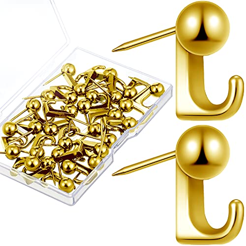 Image of Jetec 30 Pieces Metal Push Pin Hangers Pin Wall Hooks Picture Hanging Picture Nails Frame Oil Painting Hooks on Wooden or Fabric Wall for Home or Office(Gold)