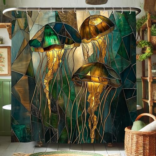 Quallen-Duschvorhang, Buntglas, blaugrün, goldfarben, Quallen-Dekor für Badezimmer, modern, künstlerisch, wasserdicht, Stoff-Duschvorhang-Set mit Haken, 183 x 183 cm