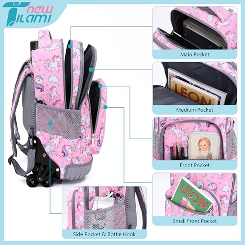 NEW TILAMI 18" Kids Rolling Backpack for School - Waterproof, Durable, Stair-Climbing, Variety of Colors Patterns for Girls & Boys, Cute Pink Unicorn3