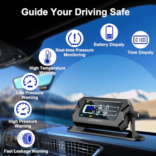 Tire Pressure Monitoring System for RV Truck Trailer, 4 Sensors TPMS, 0-15 Bar/217 PSI, 3-Level Bright LCD with Time Display, Type-C & Solar Charging, 7 Smart Alerts for RV/Trailer/Truck IP68 - Image 4