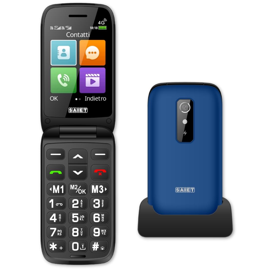 SAIET SHELL 4G Cellulare per Anziani Flip con Tasti Grandi, Audio Alto, SOS | Telefono Flip Senior Facile da Usare con Display 2.8" e Caratteri Grandi, Base di Ricarica, Torcia e Fotocamera - Blu