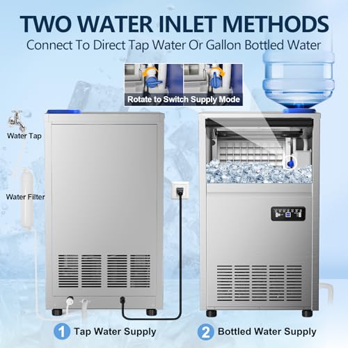 Image of Commercial Ice Maker Machine 150LBS /24H,45Lbs Storage,2 Water Inlet Modes | 50Pcs Clear Ice Cubes in 8-15Mins, Stainless Steel, Freestanding For Home,Bar,Office,Shop, Supports 3 /5-Gallon Bottle