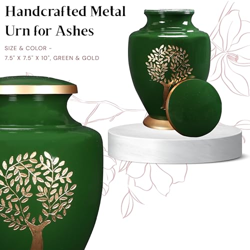 Image of Cremation Urns for Human Ashes Adult - Handcrafted Metal Funeral Urn with Tree Engraving & Velvet Carry Bag, Secure Screw Lid Memorial Burial Urn 11 Inches Height x 7 Inches Width (Green & Gold)