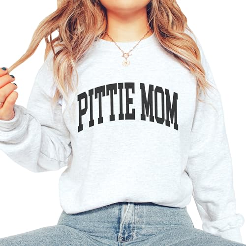 Pittie Mom Varsity Sweatshirt, Cute Pit Bull Terrier Pet Parent Sweater, Pitbull Dog Mom Gift, Dog Lover Shirt, Unisex Womens Crewneck Sweatshirt3