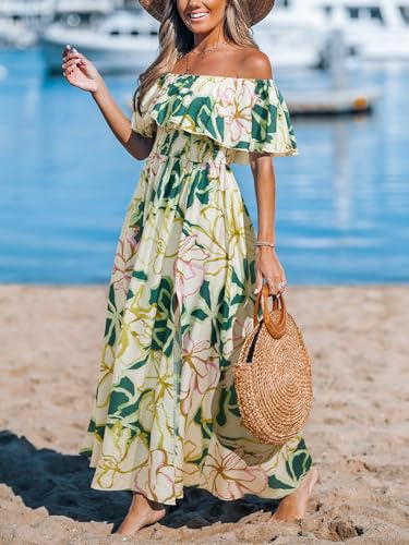 Image of CUPSHE Women Ruffle Floral Maxi Summer Dress Off Shoulder Short Sleeve Backless Flounce Bodice Slit Hem Beach Dresses
