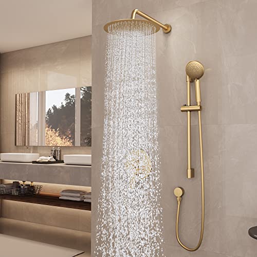Rain Shower Head With Handheld, Shower Faucet Set With High Pressure 10" Shower Head And 5-Setting Handheld Shower, Rainfall Shower System With Valve And Diverter, Brushed Gold #TOP2