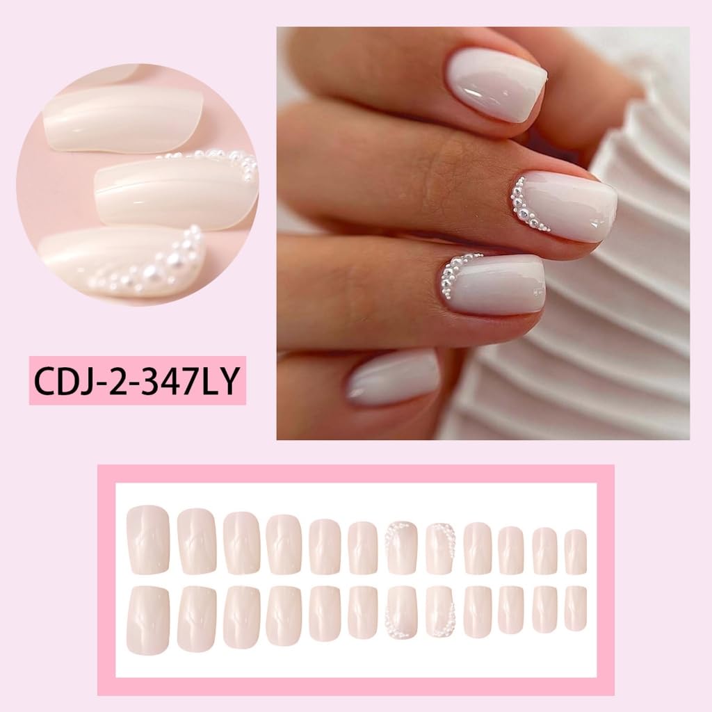 24pcs with Rhinestones Detail Artificial Nails Acrylic False Nails Easy Application for Luxurious Look