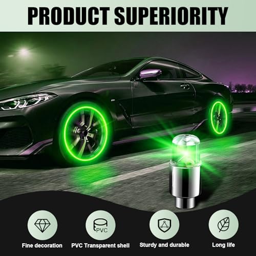Flygun 6 PCS Car Tire Lights, Waterproof PVC Metal Vehicle Tire Flash Light Bulb Replacements, Universal Automotive Decoration Accessories for Car Truck SUV Motorcycle Bike (Green) - Image 4