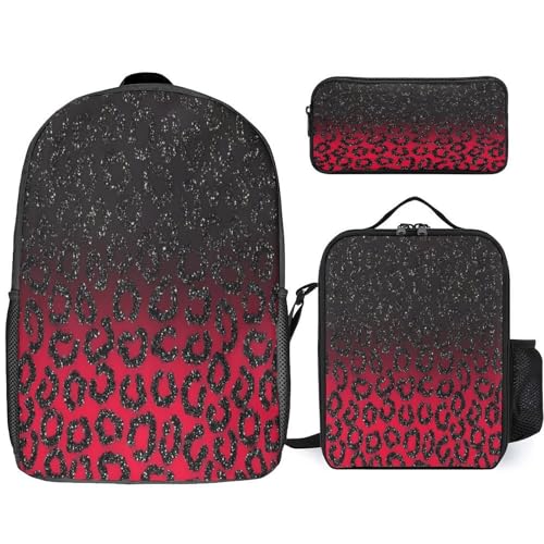 Red Black Glitter Leopard Print Backpack Set 3 Pieces Backpacks Lunch Bag Wallet For Travel Outdoor Sports