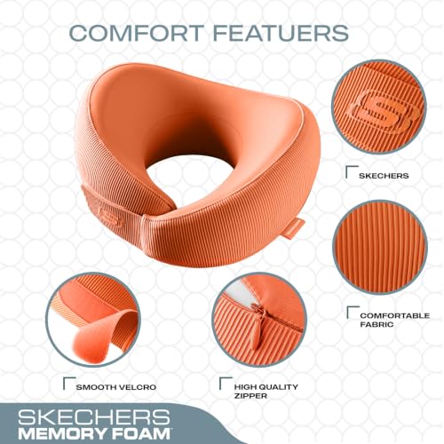 Image of Skechers Women's Memory Foam Neck Pillow, Comfortable & Breathable Travel Pillow, Neck Pillow Airplane for Travel, Car Rides, Home, and Office Use, Ergonomic Design for Men and Women,Orange