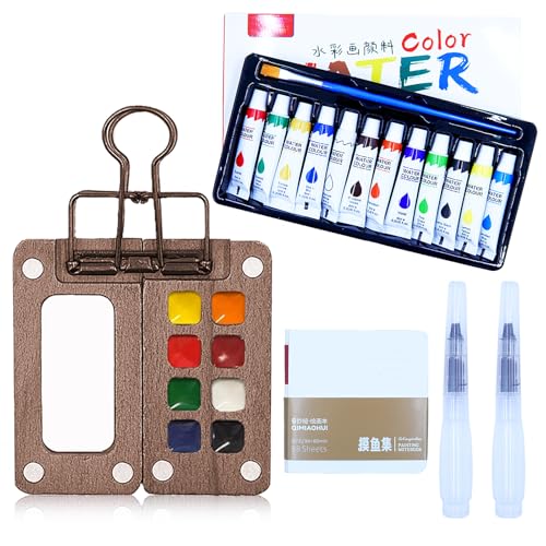 Mini Watercolor Travel Paint Set - Mini Paint Palette Travel Kit, Pocketartist Watercolor Set with Colours, Binder Clips, 3 Watercolor Pens, Brush for Painters Artists Student