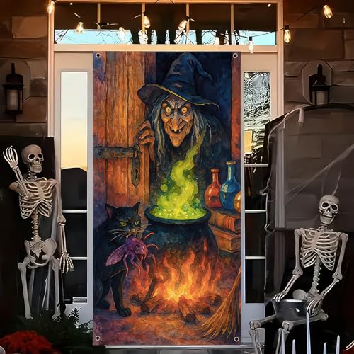 Image of BlissYard Halloween Dark Black Green Door Cover 35x71 Inch Polyester | Entry Banner, Wall Backdrop | Dark Black Door Decor, Party Scene | Porch, Hallway, Photo Area (Haunted House)