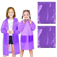 BFONS Rain Ponchos for Kids, Reusable Raincoats for Boys Girls with Hood and Sleeves, Waterproof Rain Jackets for Travel Outdoor Purple 2PCS