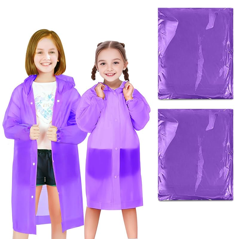 Image of BFONS Rain Ponchos for Kids, Reusable Raincoats for Boys Girls with Hood and Sleeves, Waterproof Rain Jackets for Travel Outdoor Purple 2PCS