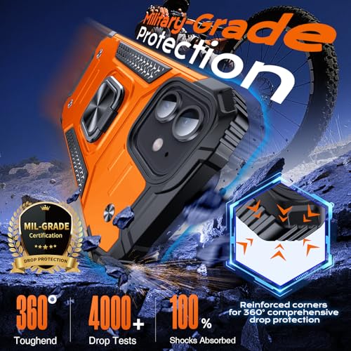 Image of Anqrp Heavy Duty Case for iPhone 13 Mini Case with Enhanced Ring Holder Grip Stand, Military Grade Shockproof Rugged Drop Protective Silicone Hard Slim iPhone 13 Mini Phone Case Cover,Orange
