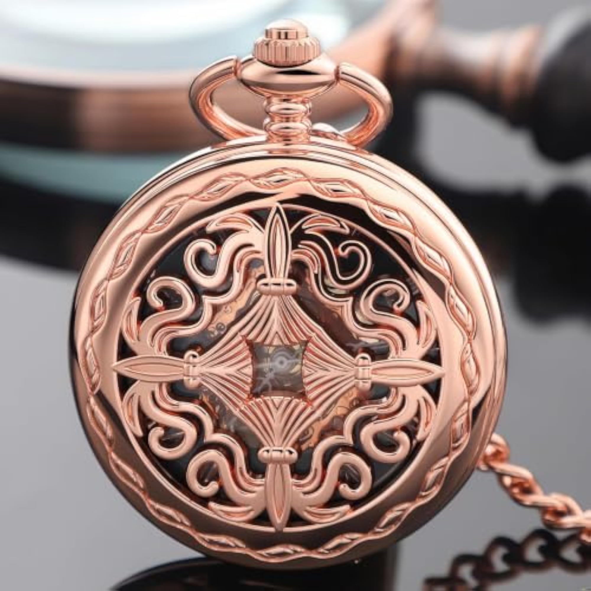 Rose Gold Roman Numerals Mechanical Pocket Watch