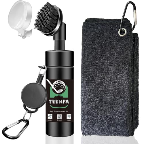 Teenfa Golf Club Cleaner Brush with Built-in Water Spray & Golf Towel (15 * 14inch) - Golf Accessories - & Leakproof Tank & Bristle Head - 60cm Retractable Hook - Golf Gifts for Men