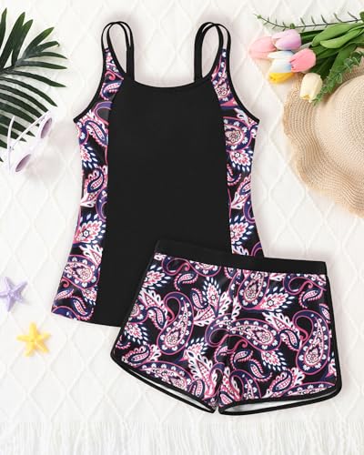 Image of Teen Girls Tankini Swimsuit Adjustable Straps Modest Bathing Suits Girl 2 Piece Swimwear with Shorts 7-16 Years