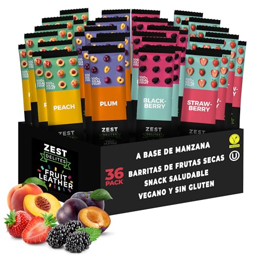 Zest Delites Aperitivos de fruta, frutos secos, lanches saudáveis, vegano, sem glúten, fruta fresca, amora, ameixa, pêssego, 36 x 25 g