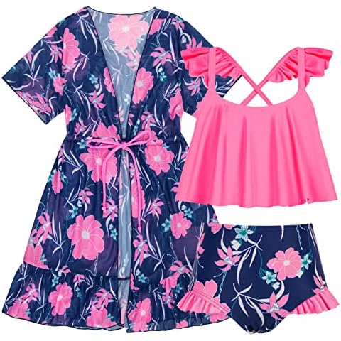 Girls Bathing Suit 3 Piece Floral Bikini Set Swimsuit with Cover Up Beachwear Size 5-12, Royal Blue, 8-10 Years Cover