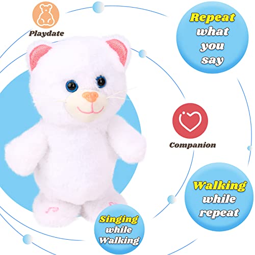 Hopearl Talking Kitty Singing Cat Repeats What You Say Walking Electric Interactive Animated Toy Speaking Plush Buddy Gifts for Toddlers, White, 8'' - Image 6