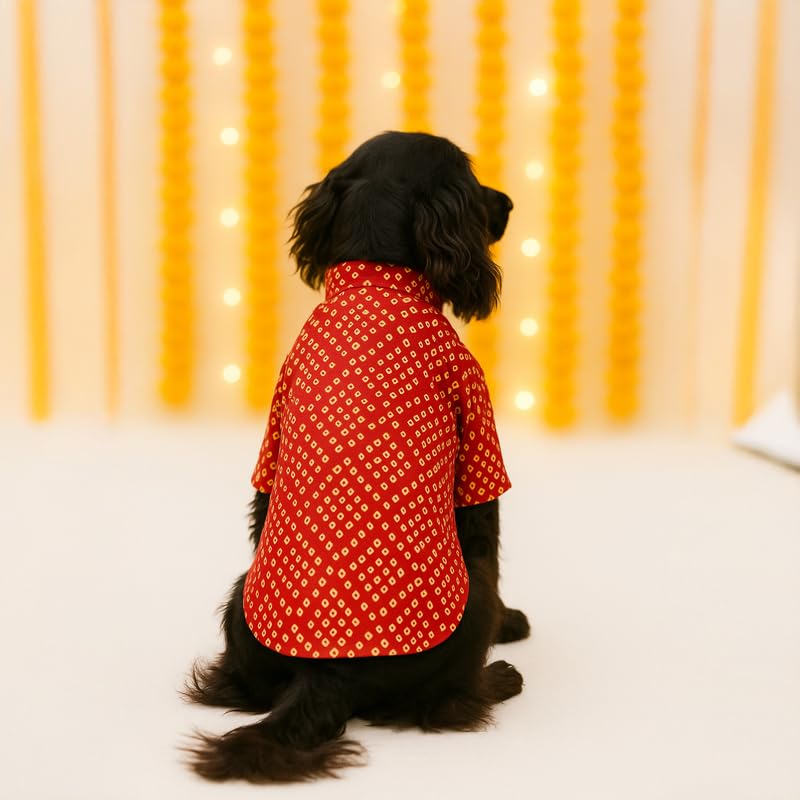 Image of Thunder Tails Soft Cotton Kurta for Small Dogs & Puppies | Comfortable Traditional Pet Wear for Pekingese, Maltese & Mini Breeds | Ethnic Outfit Festivals (Red Bandhani, Small)