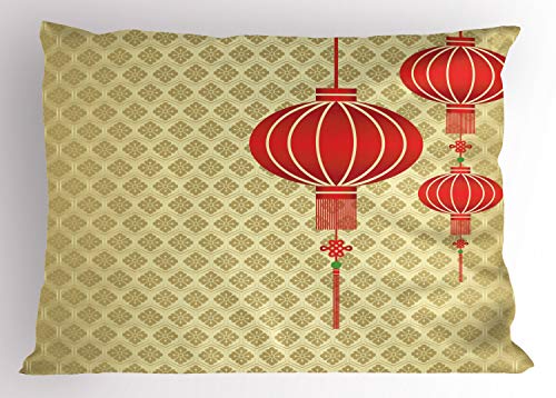 Ambesonne Asian Pillow Sham, Oriental Folk Baroque Repeating Pattern Background New Year Celebration Art, Decorative Standard Size Printed Pillowcase, 36
