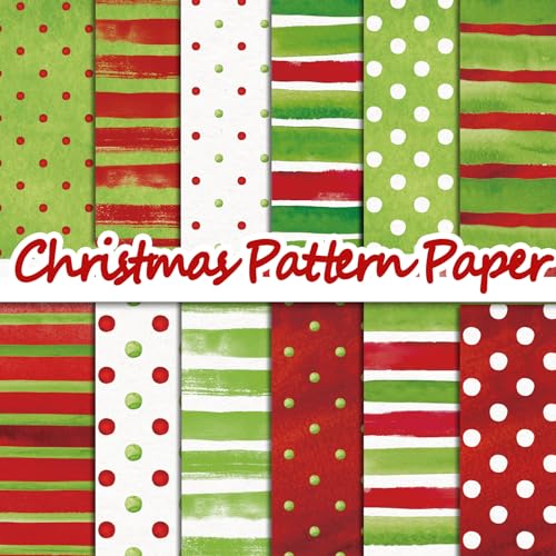 Whaline 24Pcs Christmas Watercolor Pattern Paper Red Green Scrapbook Specialty Paper Polka Dot Stripe Double Sided Craft Papers for DIY Card Making Photo Album Decor, 11.8 x 11.8 Inch