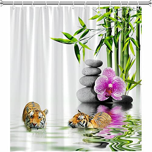 Zzysks Tiger Shower Curtain Spa Green Bamboo Black Stone Meditation Garden Japanese Nature Scenery Bathroom Decor Set Durable Polyester Fabric With Hooks 70Wx70H Inch #TOP2