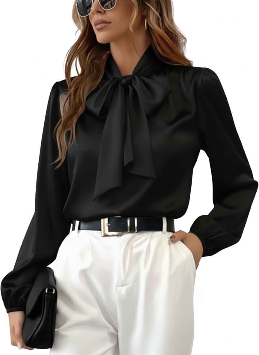 CUPSHE Women's Satin Bow Tie Neck Long Sleeve Blouse Dressy Casual Fall Silk Shirt. Soft & Lightweight, Elegant Teacher Outfit. Versatile for Office, Work, Business, Party, Daily