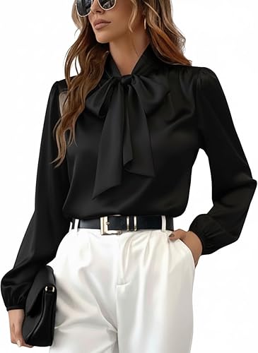 CUPSHE Women's Blouses Long Sleeve Satin Shirts Bow Tie High