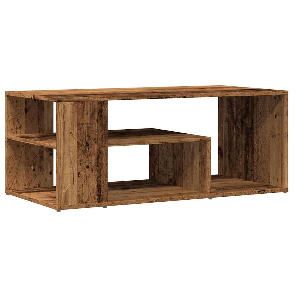 Table basse vieux bois avec grand espace de rangement pour revues et télécommandes