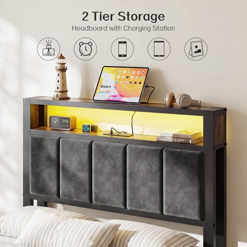 Image of OLEVS Twin Bed Frame with LED Light Storage Headboard and Charging Station Type C, Metal Platform Bed Twin Size,No Box Spring Needed, Noise Free, Easy Assembly