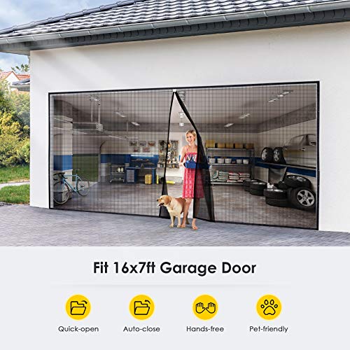 Magnetic Garage Door Screen 16x7 ft for 2 Car Door, Bottom of The Screen is Weighted - Self Sealing Fiberglass Mesh Magnetic Closure Fits Garage Door Size up to 192\"-84\" (Black)