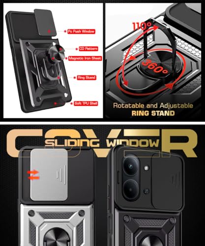 Image of WOW IMAGINE Tough Armor Bumper Mobile Back Case for Mi Redmi 15C 5G | Poco C85 5G | Sliding Camera Cover | Shock Proof 360 Protection | Hybrid PC + TPU | Ring Holder with Kickstand - Black