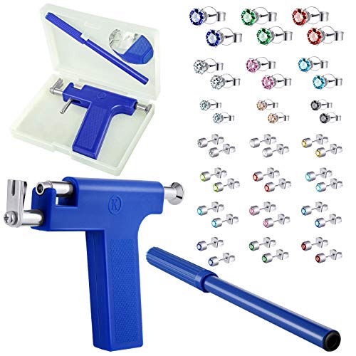 Stainless Steel Body Ear Piercing Tool Set Ear Nose Navel Piercing Machines with 12 Pairs Stainless Steel Stud Earrings 9 Pairs Cubic Zirconia Stud Earrings for Salon Home Use