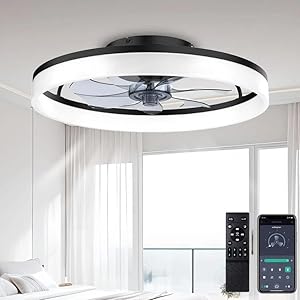 DWDVBL 50cm Deckenventilator Mit Beleuchtung 48W 220V Dimmbare Deckenleuchte Mit Fernbedienung Und APP 6 Geschwindigkeiten Lampe Mit Ventilator Timer Schlafzimmer Wohnzimmer Schwarz