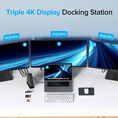 Usb C Docking Station 3 Monitors With Power Supply, 4Urpc Laptop Docking Station Dual Monitors For Windows And Macbook, Universal Docking Station With 2 Hdmi, Dp, 6 Usb Ports, Gigabit Ethernet, Audio #TOP1