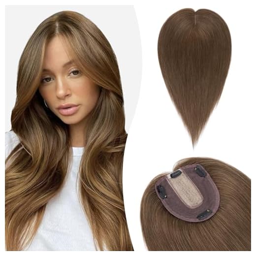 25 cm (35 g) Silk-co Extensiones de Clip de Pelo Natural Prótesis Capilar Mujer Encaje 10cm*12cm 100% Remy Cabello Humano Flequillo Postizo Hair Topper #4 Marrón Medio