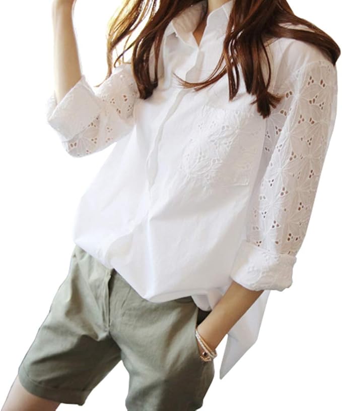 Amazon シャツ ブラウス レディース 袖 レース 花柄 白シャツ チュニック 大きいサイズ 長袖 ゆったり コットン 白 夏 ふんわり 無地 ロングシャツ 大きめ シャツ ブラウス 通販