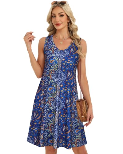 Image of Womens Summer Dresses Casual V Neck Sleeveless Pockets Beach Loose Sundress