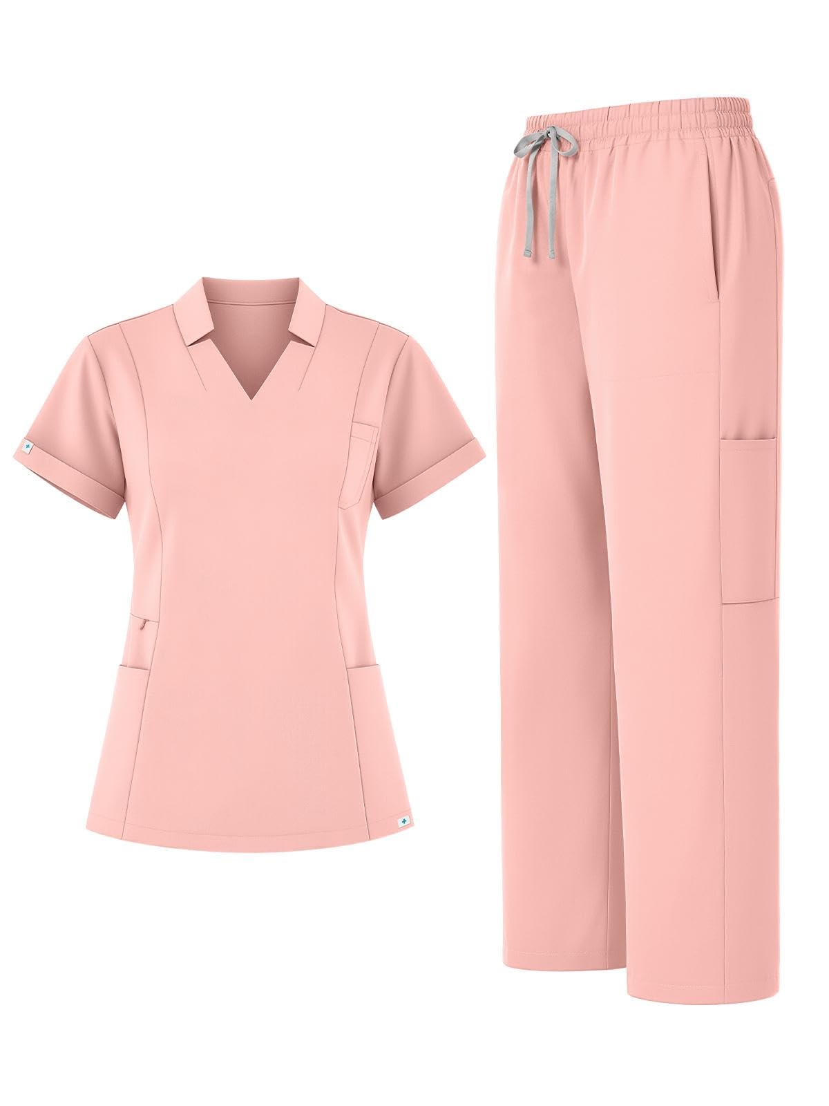 Scrubs for Women Set, Notched V-Neck Top &amp; Straight-Leg Pants
