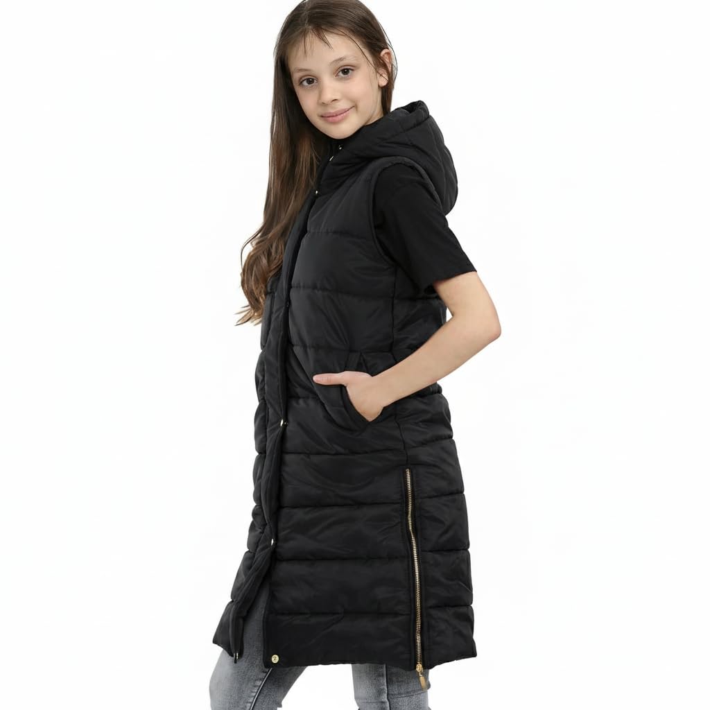 A2Z Kids Mädchen Runter Weste Mode Übergroß Mit Kapuze Gesteppt Gilet Gepolstert Lang Linie Weste Jacke Lang Ärmellos Mantel Alter 5-13 Jahre